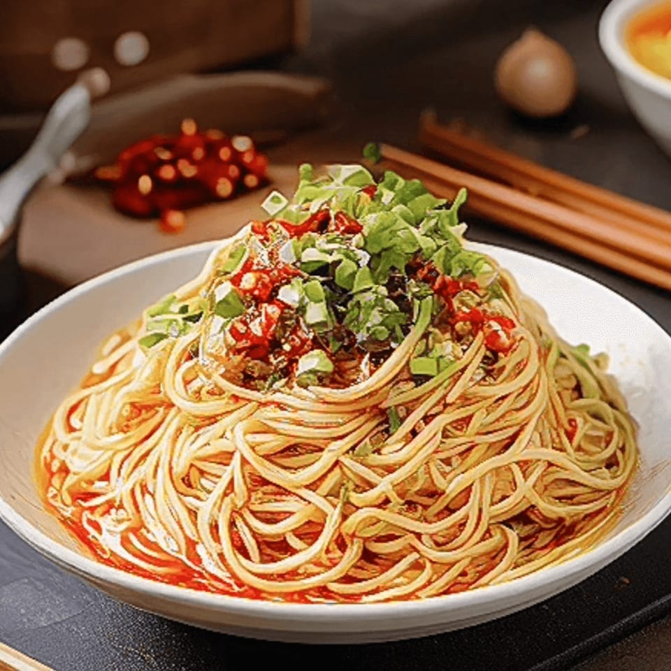 A bowl of Miss Sichuan dan dan noodles, topped with red chili oil, minced meat, and green onions.