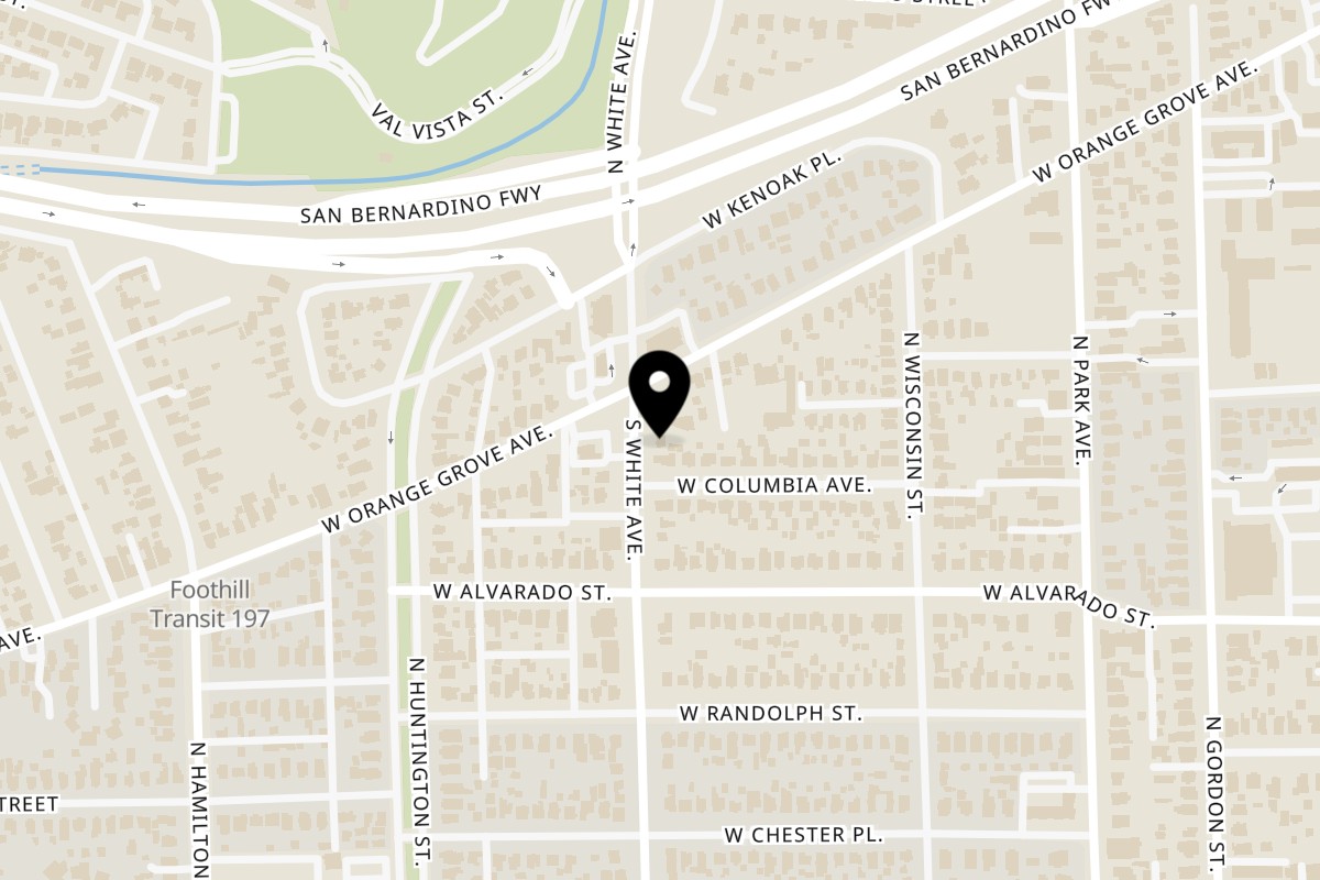 Map showing the location of Miss Sichuan on 1180 N White Ave in Pomona